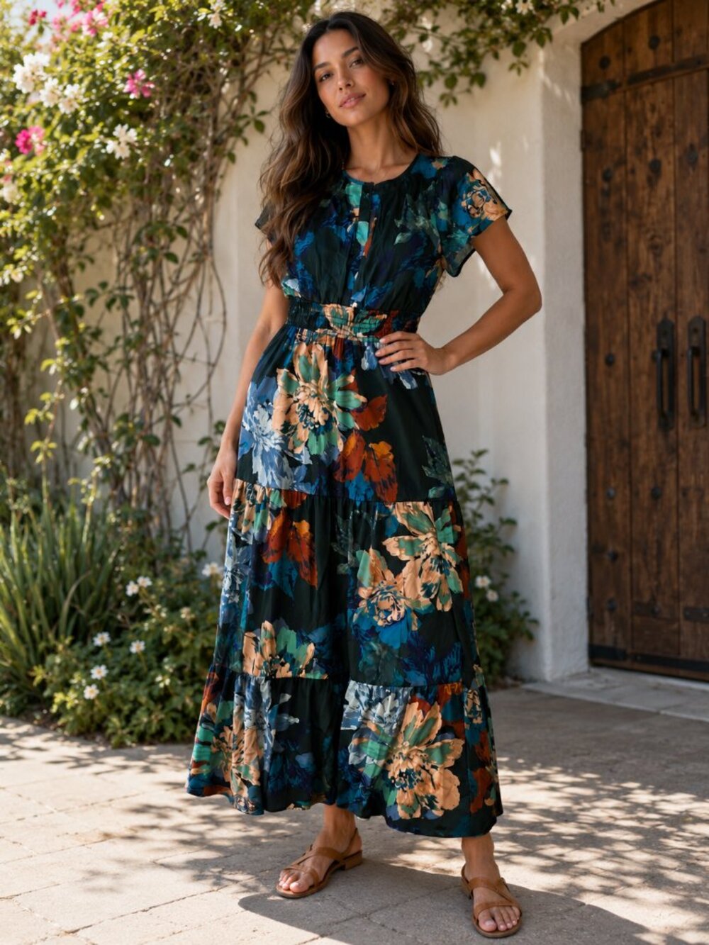 Nicole Miller New York Floral Smocked Waist Maxi Dress